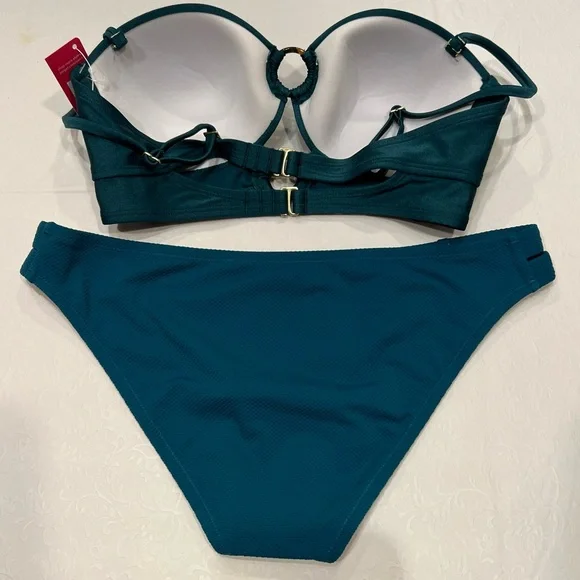 New Shade & Shore Blue/Green Wood Ring Top Bikini - Picture 2 of 2